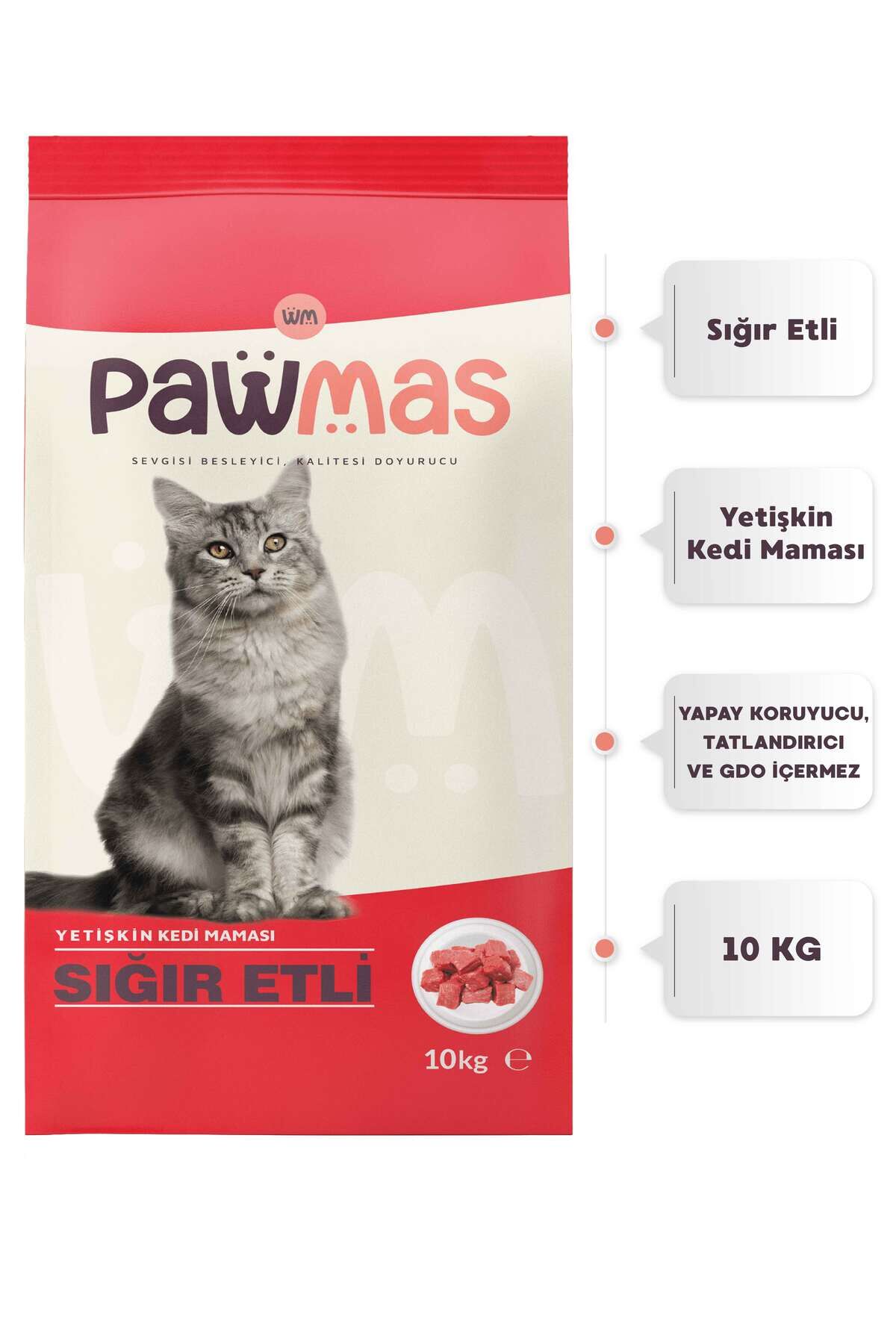 PAWMAS YETİŞKİN KEDİ MAMASI SIĞIR ETLİ 10 KG